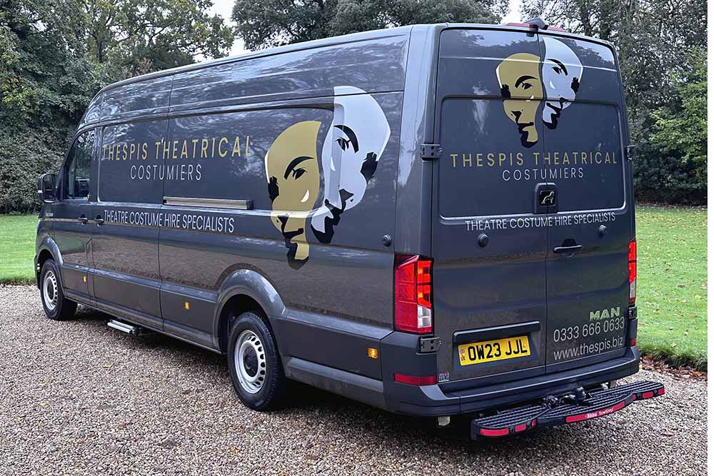 Metallic Grey MAN TGE 180 Van 2023 model. New addition to the Thespis Costume hire fleet. Graphics by Fatstick man Diss.